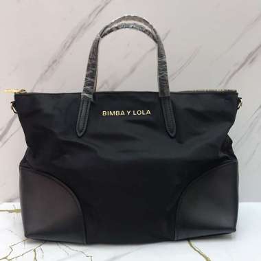 Bimba Y Lola Nylon Shopper Large in Black Gold Hardware Leather Strap