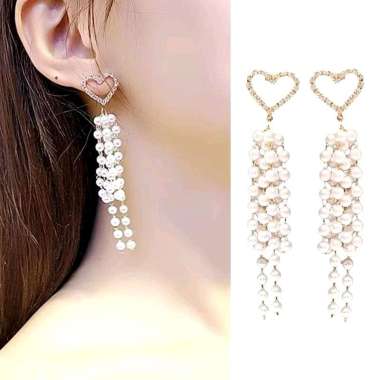 Amiya Love Pearl Long Stud Drop Earrings Anting Mutiara Hati Heart Zircon Untai Panjang Glamour Pest