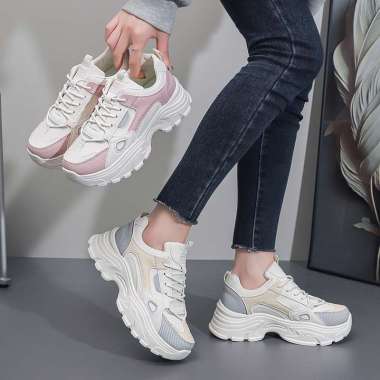 LURAD Sepatu Wanita Sneakers Sporty Sol Tebal Bertali Sepatu Cewek Hangout Warna Soft Kasual Dipakai