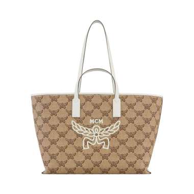[12.12 Dealcember] MCM Medium Himmel Shopper in Lauretos Raffia Jacquard Beige Natural Nude