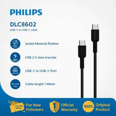 Philips DLC8602 USB-C to C Cable Charge 2.0 Data Transfer 1M Black