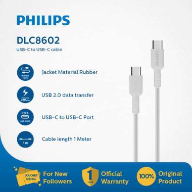 Philips DLC8602 USB-C to C Cable Charge 2.0 Data Transfer 1M White