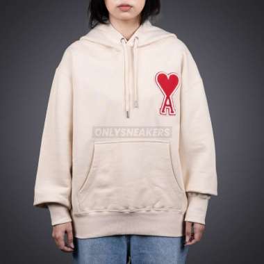 AMI PARIS BIG COEUR HEART RED LOGO PATCH EMBROIDERY BEIGE HOODIE M