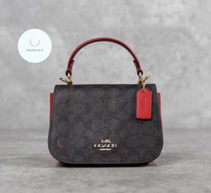 Coach Lysa Monogram Red Top Handle Bag with Long Strap in Dark Brown