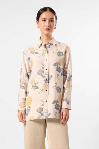 MINIMAL - Rebecca - Kemeja Motif Bunga - Beige L Beige