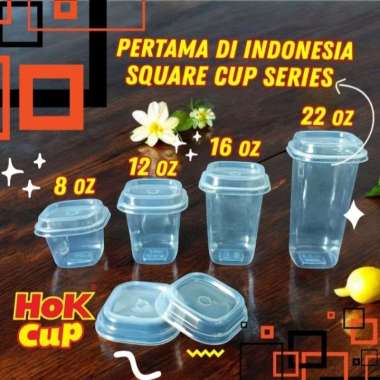 Gelas Plastik Square + Tutup UK. 8oz 12oz 16oz 22oz SQUARE CUP SERIES Gelas Plastik Bening Kotak Teb