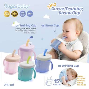 Sugarbaby 3 in 1 Curve Training Straw Cup/Gelas MPASI Bayi/Gelas Bayi Anti Tumpah Bocor/Training Pur