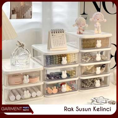 Laci Mini 3 Tingkat Organizer Box Susun Tempat Alat Tulis Skincare Transparan Motif Rabbit Aesthetic