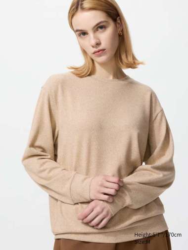 UNIQLO T-Shirt Fleece WANITA Soft Knitted Fleece Rajut Lembut Kerah Bulat Crew Neck Lengan panjang B