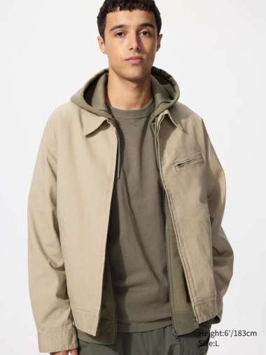 UNIQLO Jaket Blouson pria Ritsleting Zip Up Beige L