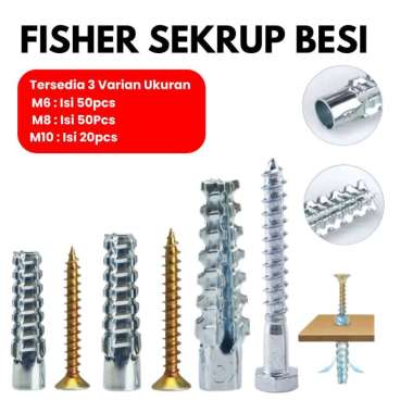 Fisher Sekrup Angkur Baut Besi Pengait Dinding Tembok Beton M6 M8 M10 Isi 20/50Pcs Fisher Besi 8mm (