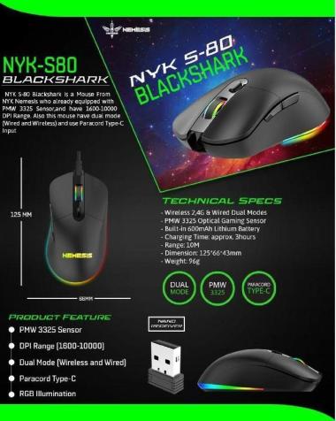 NYK Nemesis S-80 BLACK SHARK Gaming Mouse - NYK S-80 - S80 - S 80