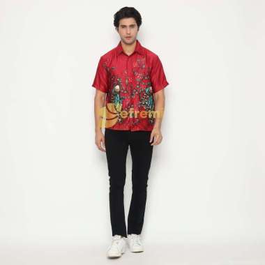 EF113 KEMEJA BATIK PRIA SATIN SILK PREMIUM LAPIS FURING CHEONGSAM IMLEK KANTOR FORMAL 113_BCY_RED JU