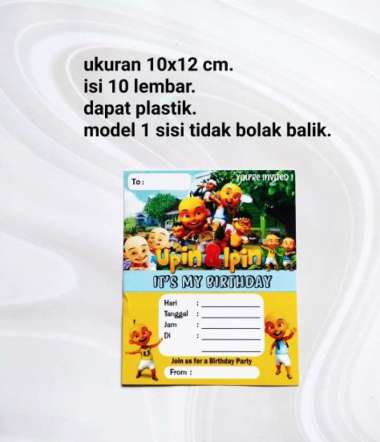 kartu undangan ulang tahun isi 10 lembar karakter upin & ipin