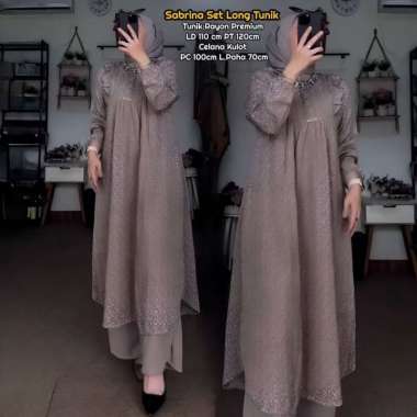 Sabrina Set Long Tunik - One Set Wanita Long Tunik Rayon Premium Setelan Wanita Kekinian Ruffle Leng