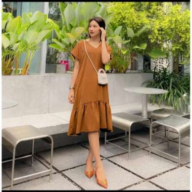 Jennie Dress Daster Kekinian Wanita Ruffle Kerah V neck Crinkle Airflow Jumbo | Daster Airflow Oblon