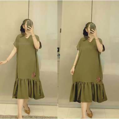 Jennie Dress Daster Kekinian Wanita Ruffle Kerah V neck Crinkle Airflow Jumbo | Daster Airflow Oblon