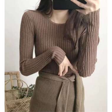 ASOKA Jiso Top Inner Rajut Oneck / Kerah Bulat - Atasan Wanita - Knit Korea coklat tua