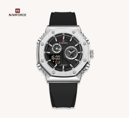Jam Tangan Naviforce 9216 Dual Time Tali Rubber silver hitam