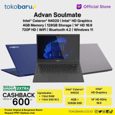 Laptop ADVAN Soulmate Celeron N4020 4GB/128GB 14" HD +ANTIGORES Blue