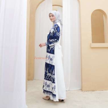 Dress Kondangan Gamis Pesta Mewah Busui Dress Tenun Putih Navy XL