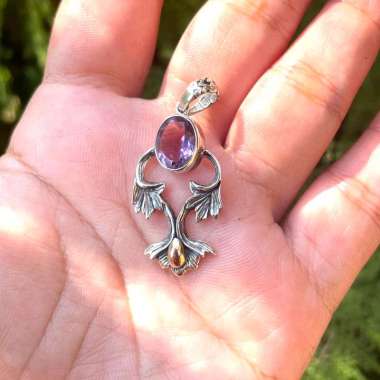 Liontin Kalung Pendant Perak Silver Bali Asli 925 Daun Batu Permata Amethyst Mix Gold Emas 18k Pria