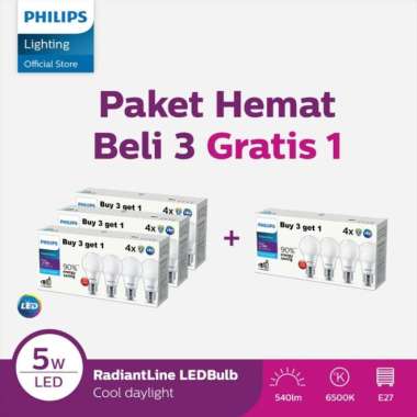 Beli 3 Gratis 1 Lampu Philips Multipack RadiantLine 5W Putih