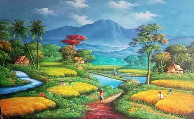 Lukisan Kanvas Palet Pemandangan Bali dengan Nuansa Biru