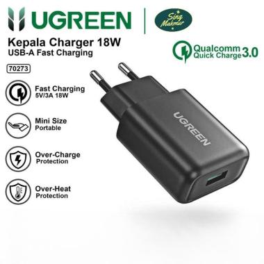 UGREEN Wall Charger Kepala iPhone 18W USB QC 3.0 Fast Charging 70273 BLACK