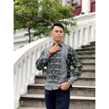 Songket PaSH - Kemeja Batik Atasan Pria MotIf Jumputan & Songket L Hijau Jumputan