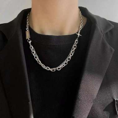 kalung fashion pria rantai double layer cross necklace jka269