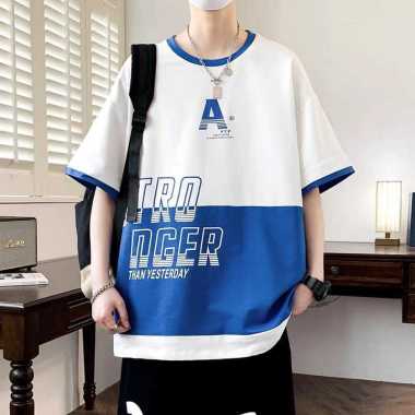 GERALD-Baju Atasan Kaos Oversize Yesterday Lengan Pendek Pria Casual Biru M-L