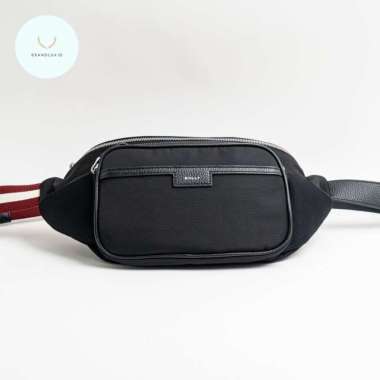 Bally Code Nylon Belt Bag with Red Strap Black