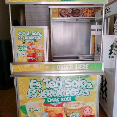 Booth Portable Meja Lipat Rombong Es Teh ukuran 120x60 dilengkapi Roda+ Kotak tutup dispenser+Pintu 