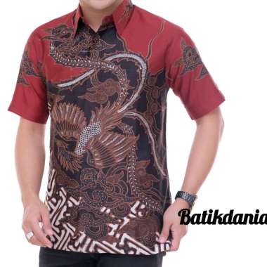 kemeja batik tulis kain satin pria lengan pendek dalam lapis furing motif burung merah BD027 merah S