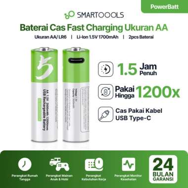 Baterai Cas Isi Ulang 2pcs Smartoools PowerBatt AA 1.5V Type-C USB