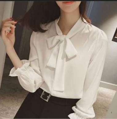 Baju Atasan Blouse Kemeja Putih Wanita - kerah bordir kemeja dasi