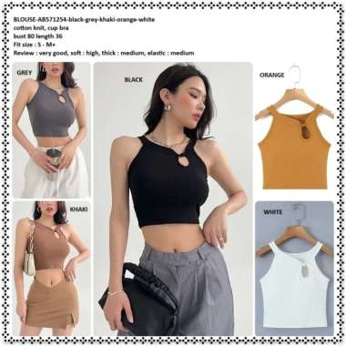 AB571254 Baju Atasan Sexy Crop Tank Top Rajut Wanita Korea Import Hitam Black Grey Orange Putih Whit