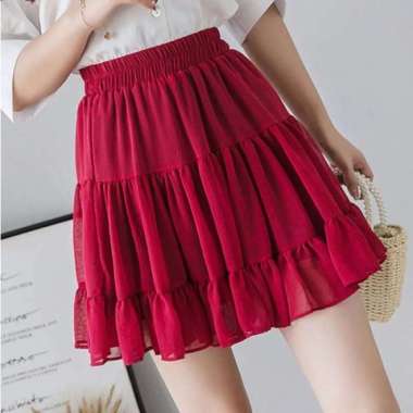Bawahan rok pendek wanita mini skirt sifon ceruti ruffle rempel susun - Putih, M L Hitam