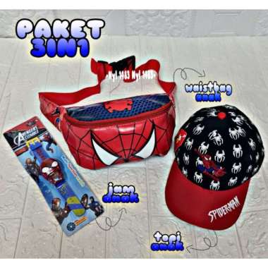 New paket murah 3in1 tas pinggang anak tas waistbag / topi anak / jam tangan anak SPIDERMAN #5