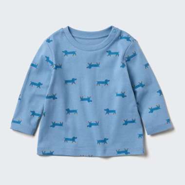 UNIQLO BABY T-Shirt Kaos Bayi Kerah Bulat Crew neck Lengan Panjang Motif Pattern Blue 90