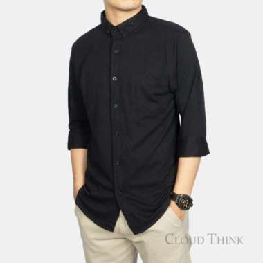 Kemeja Lengan Panjang Pria Bahan Cotton Pique - Hitam, XL Hitam M