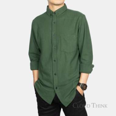 Kemeja Lengan Panjang Pria Bahan Cotton Pique - Hitam, XL Hijau M
