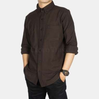 Kemeja Lengan Panjang Pria Bahan Cotton Pique - Hitam, XL Brown XXL