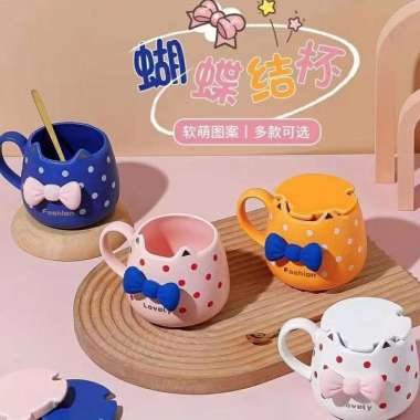 Gelas Keramik Unik Cangkir Bear Polkadot Kado Mug Gift Ultah Birthday Pita 3D ð
