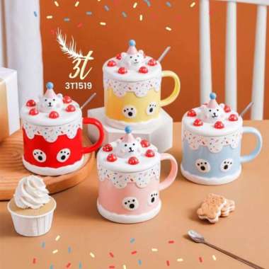 Gelas Keramik Unik Cangkir Bear Polkadot Kado Mug Gift Ultah Birthday Bday Cake ð