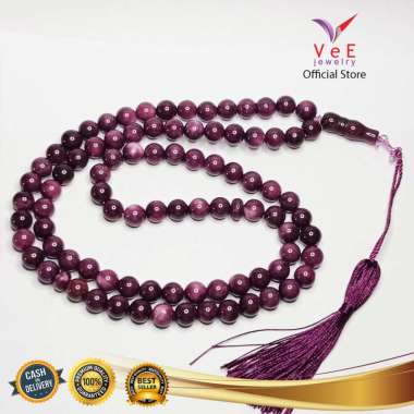 Tasbih 99 Butir Batu Giok Kecubung Ungu Batu Alam Ungu Corak 10mm - Vee Jewelry Kalung Tasbih Muslim