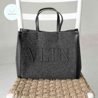 Valentino VLTN Logo Medium Felt Shopper Tote Bag Anthracite/Black