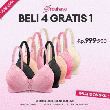 YOUHAVE PAKET BUNDLE HEMAT 3 PCS GRATIS 2 PCS BH BRA WANITA BH TANPA KAWAT BUSA SEDANG MOTIF BUNGA B