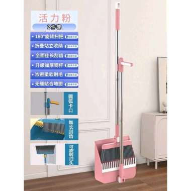 Set Sapu Pengki Lipat/ Alat Pembersih Lantai Otomatis Pink